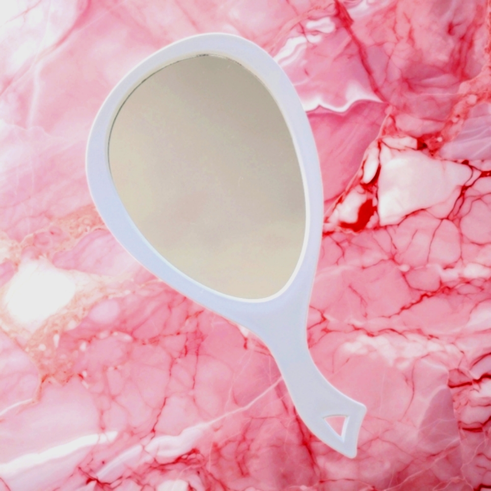 Oversized Vanity Mirror New in Box Contoured Handle White Plastic Frame